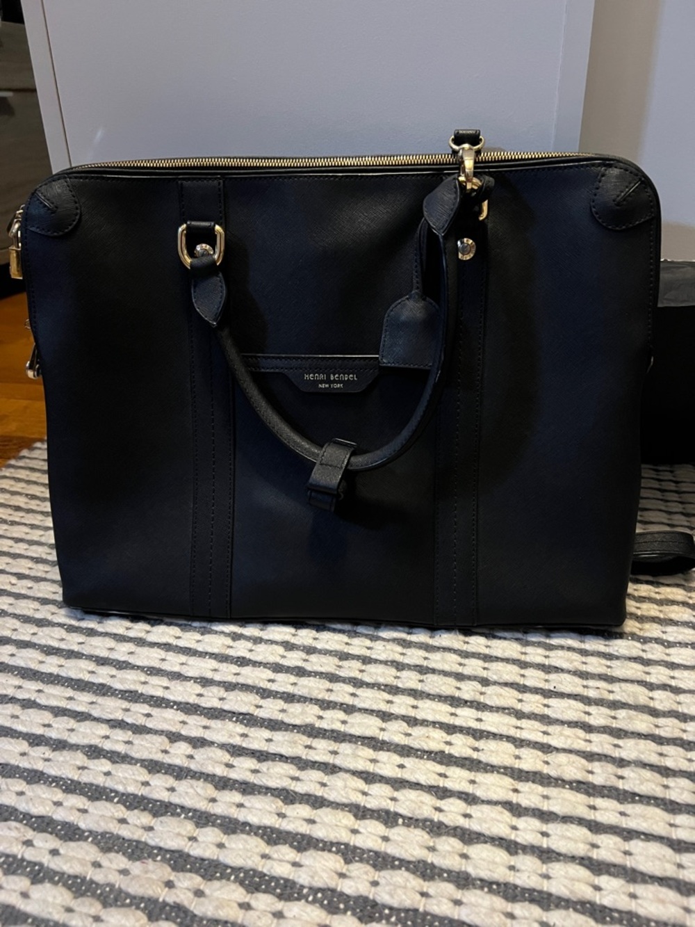 henri bendel Black Leather Laptop Briefcase with Gold Hardware